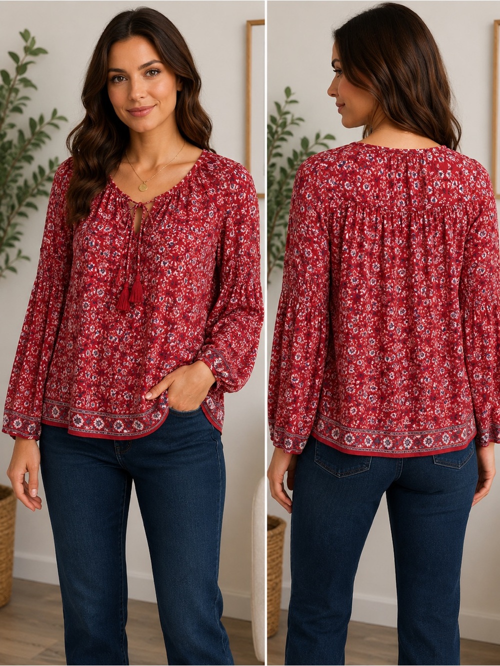 Max Studio Red Floral Boho Peasant Blouse XS